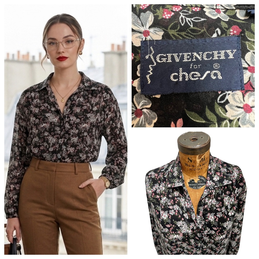 VTG 70s Givenchy for Chesa Floral Blouse 10 Office Siren Dark Fairy French Girl